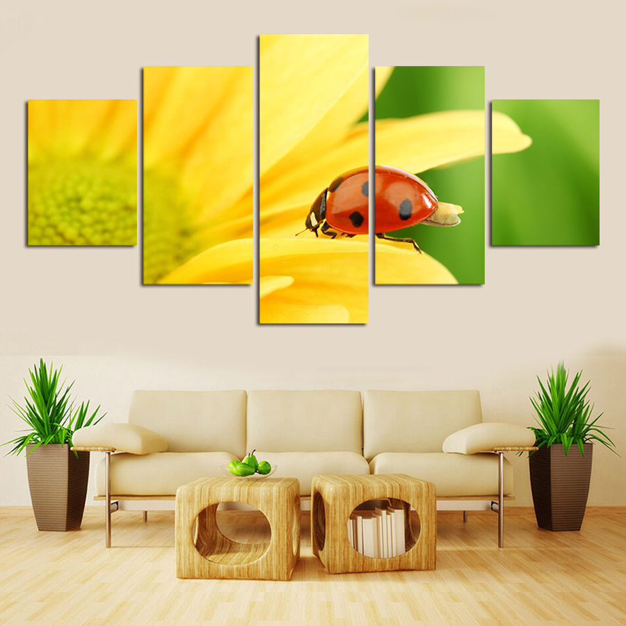 2016 5 panels painting canvas wall art picture cuadros beetle on petal wall picture for living room canvas print modern painting