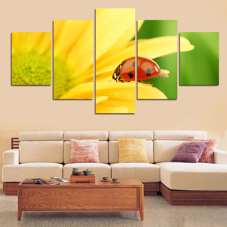 2016 5 panels painting canvas wall art picture cuadros beetle on petal wall picture for living room canvas print modern painting