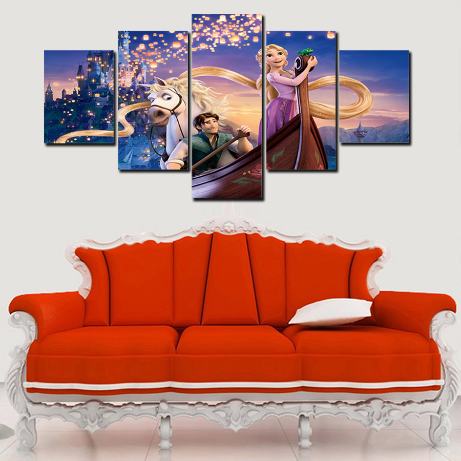 2016 5 pieces framed printed decoration tangled rapunzel flynn poster paint canvas