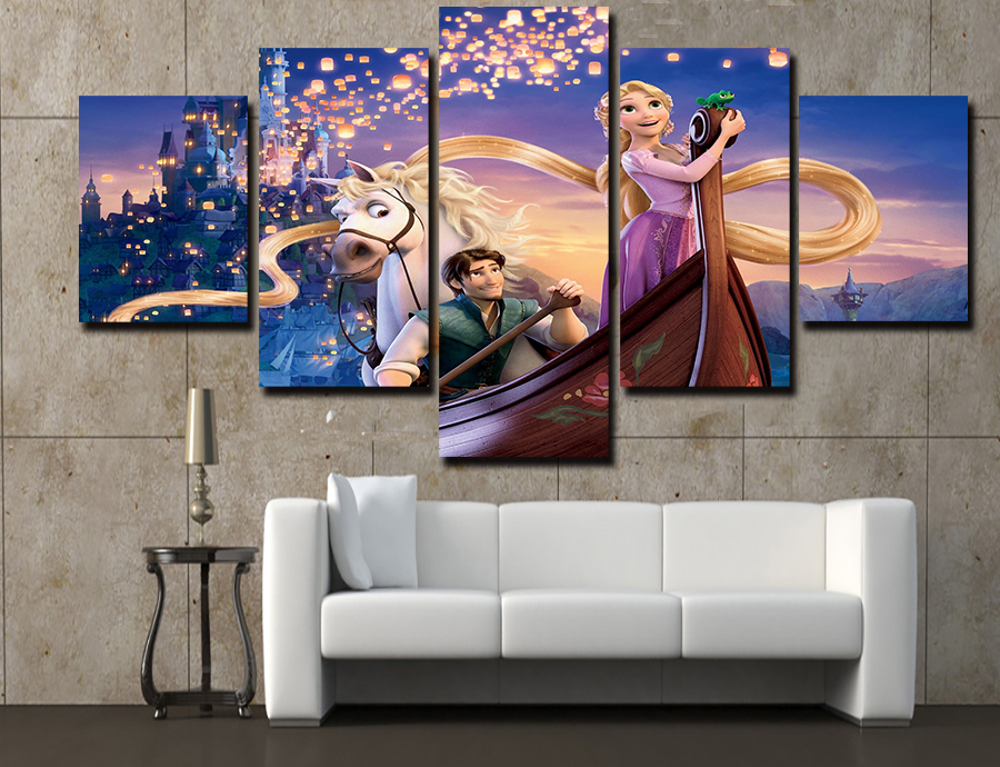 2016 5 pieces framed printed decoration tangled rapunzel flynn poster paint canvas