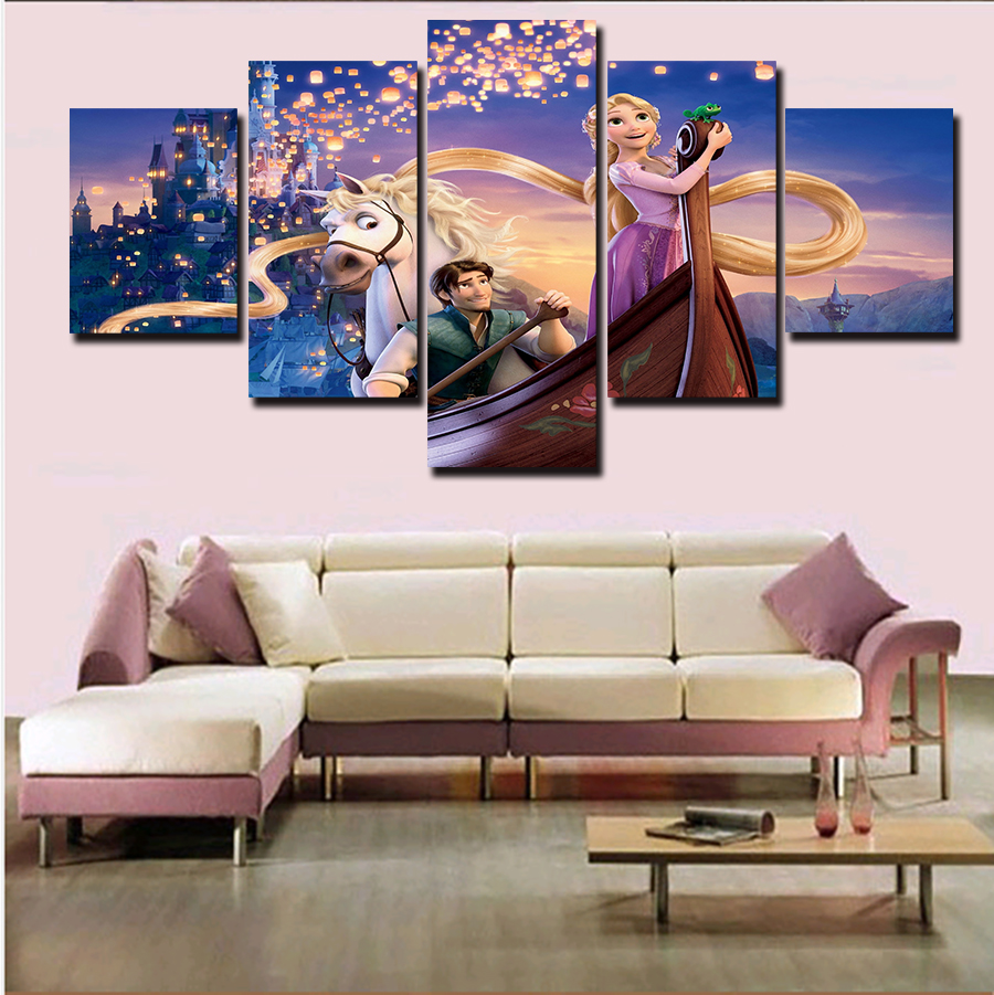 2016 5 pieces framed printed decoration tangled rapunzel flynn poster paint canvas