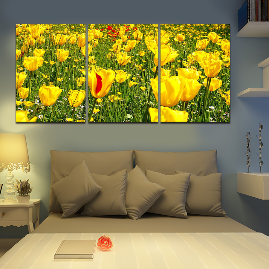 2016 new 3 pcs yellow flower wall art picture modern home decoration living room or bedroom canvas print painting wall picture