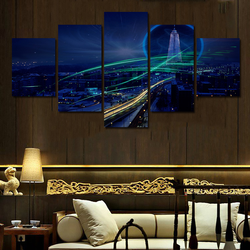 2016 new 5 pcs framed large hd night view no frame canvas print painting for living room wall art picture gift decoration home