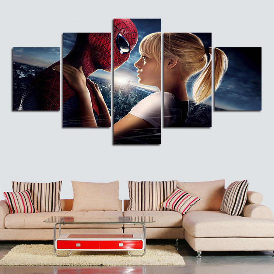 2016 new 5 pcs large hd with abstract spiderman movie canvas print painting for living room wall art picture gift with frame