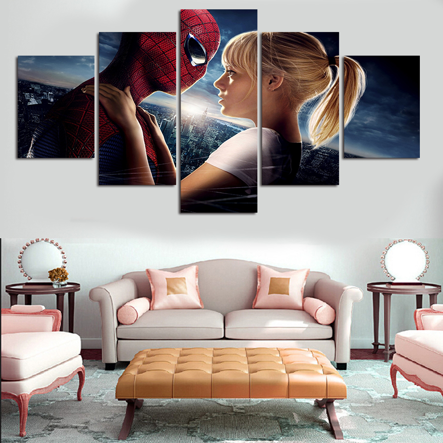 2016 new 5 pcs large hd with abstract spiderman movie canvas print painting for living room wall art picture gift with frame