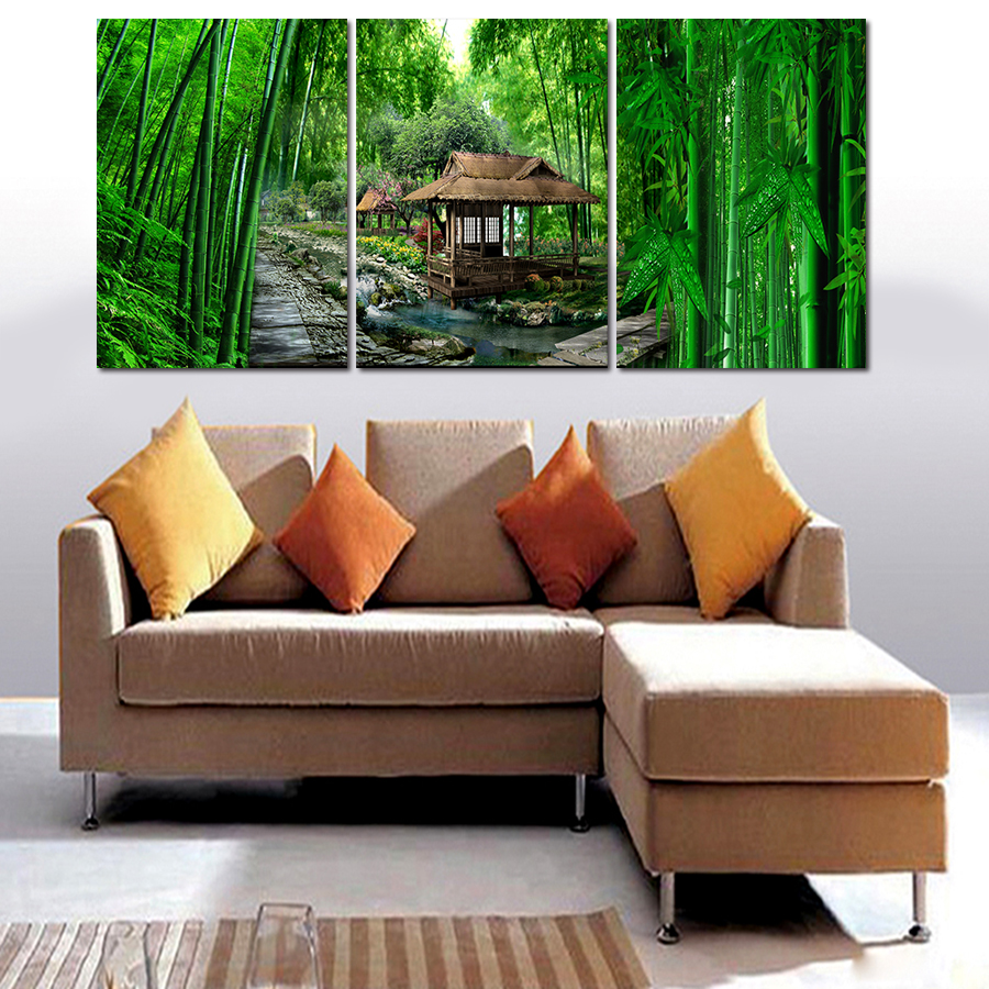 2016 new high precision print canvas set of 3 landscape green bamboo forest canvas printed ready to hang delivery