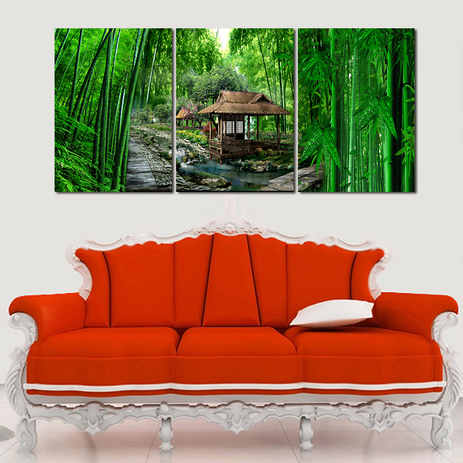 2016 new high precision print canvas set of 3 landscape green bamboo forest canvas printed ready to hang delivery