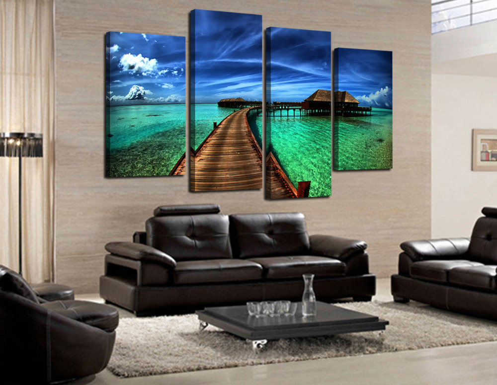 4 panel blue sky seascape large hd picture modern home wall decor canvas print painting