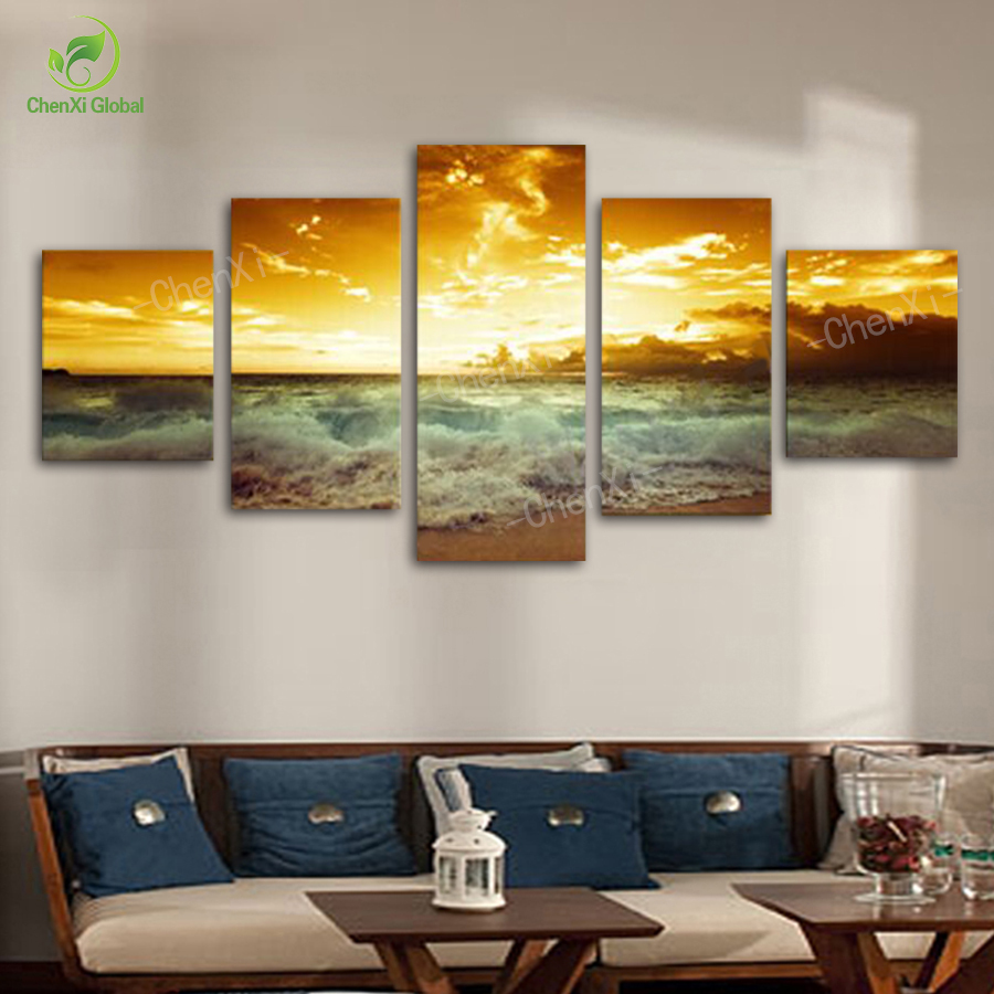 4 panel modern sea wave painting pictures homd decor cuadros wall art seascape sunset painting canvas prints unframed wedding