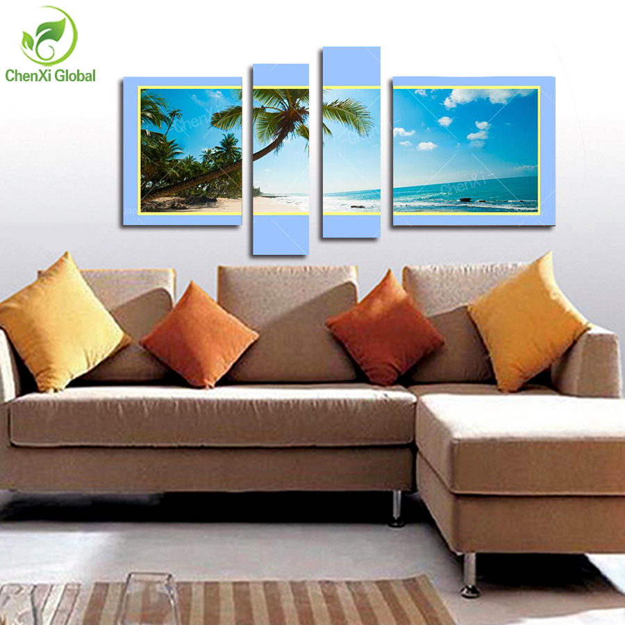 4 panel printed classical beach oil painting picture seascape canvas wall art tree paintings for living room no frame wedding