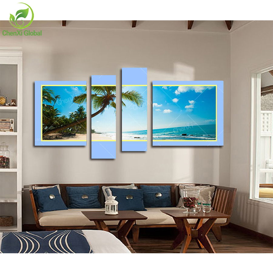 4 panel printed classical beach oil painting picture seascape canvas wall art tree paintings for living room no frame wedding