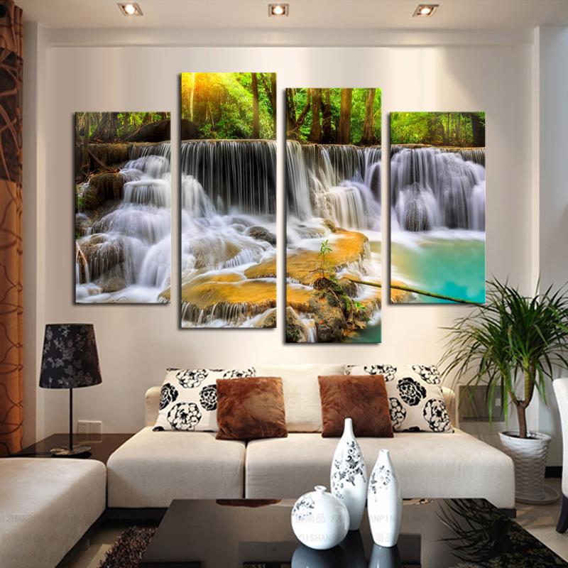 4 panel the waterfall with tree large hd picture decorative art print painting on canvas for living room wall unframed