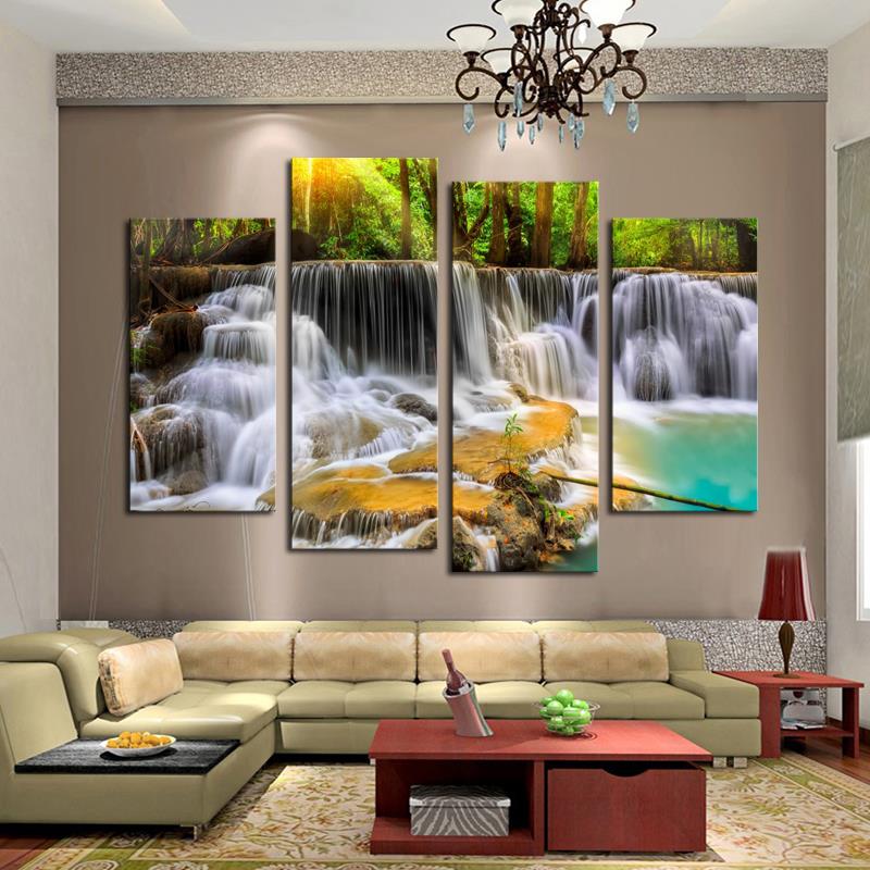 4 panel the waterfall with tree large hd picture decorative art print painting on canvas for living room wall unframed