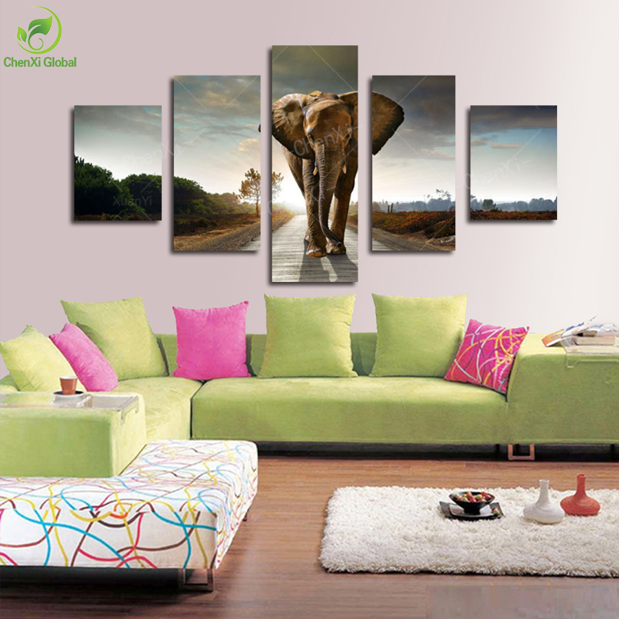 5 panel large modern printed elephant oil painting picture cuadros decoracion canvas wall art for living room unframed zoppo