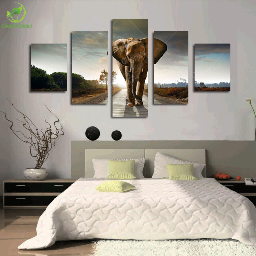 5 panel large modern printed elephant oil painting picture cuadros decoracion canvas wall art for living room unframed zoppo