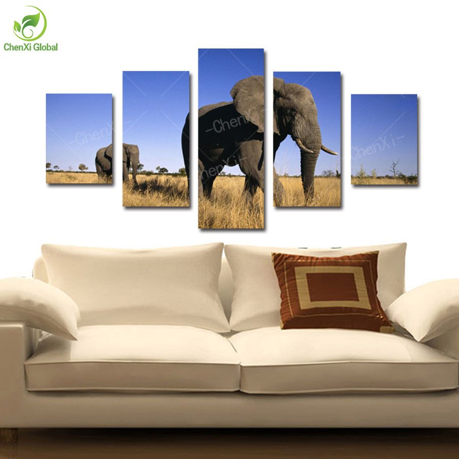 5 panel modern printed affrican elephant oil painting canvas wall art picture decoracion for living room unframed wedding