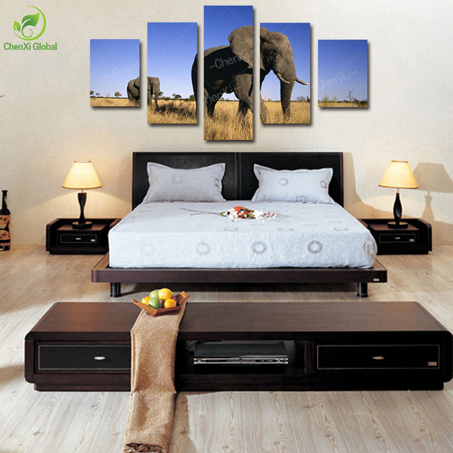 5 panel modern printed affrican elephant oil painting canvas wall art picture decoracion for living room unframed wedding