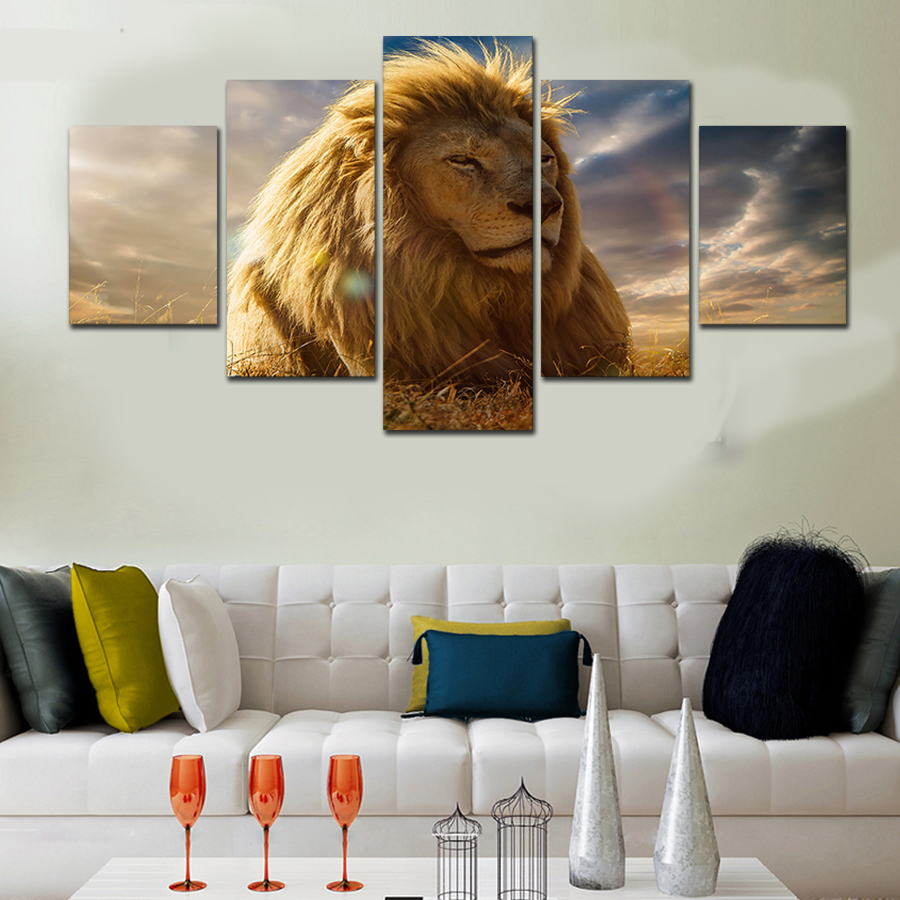 5 panel oil painting lion art canvas wall hanging art lion king picture landscape modern living room decorative