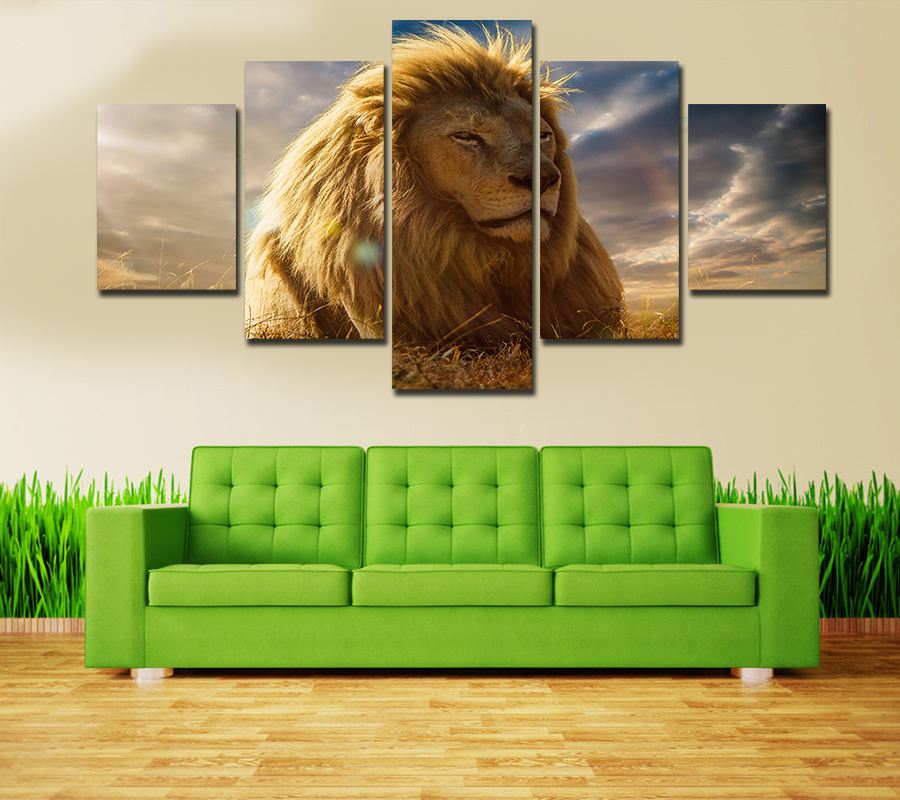 5 panel oil painting lion art canvas wall hanging art lion king picture landscape modern living room decorative