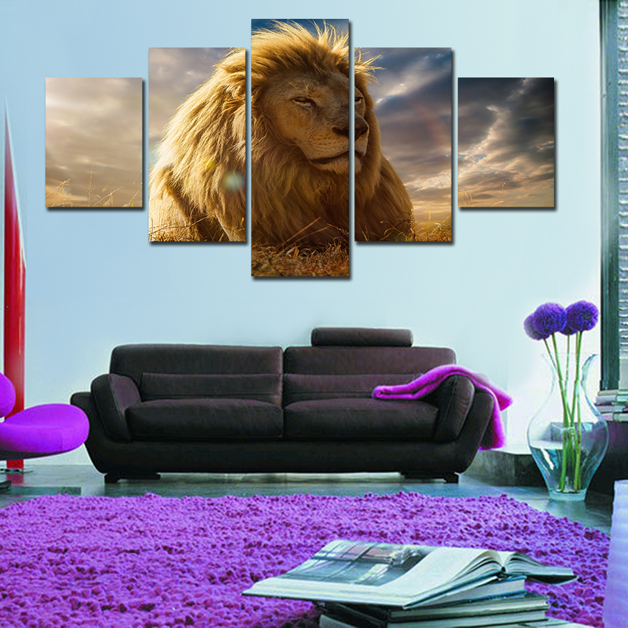 5 panel oil painting lion art canvas wall hanging art lion king picture landscape modern living room decorative