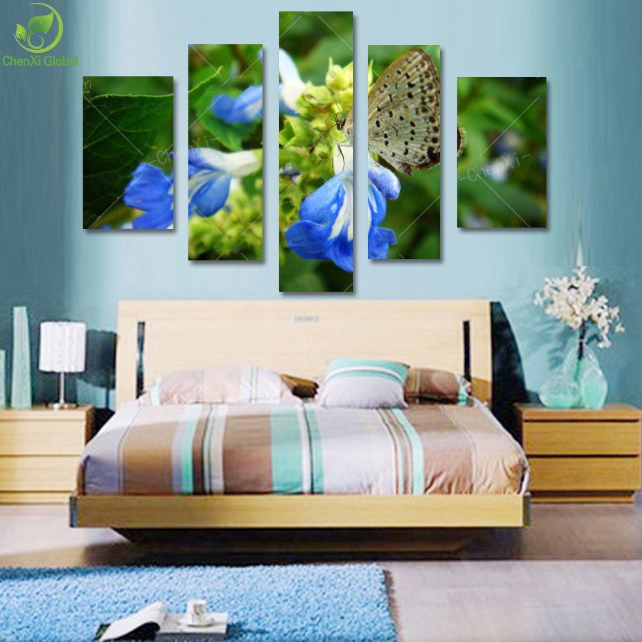 5 panel oil painting picture canvas painting butterfly bule flower home decaration for living room print on canvas(no frame)