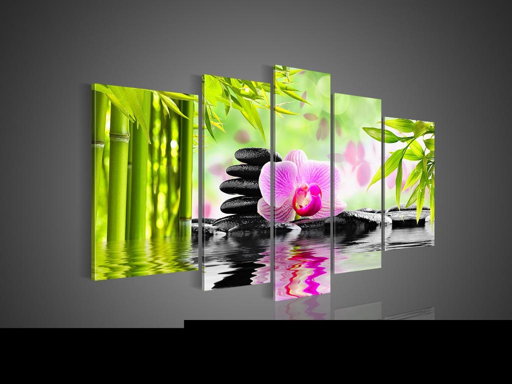 5 Panel Wall Art Botanical Green Feng Shui Orchid Oil Painting On Canvas Quartz Crystal Abstract Paintings Pictures Decor Promotion 16194