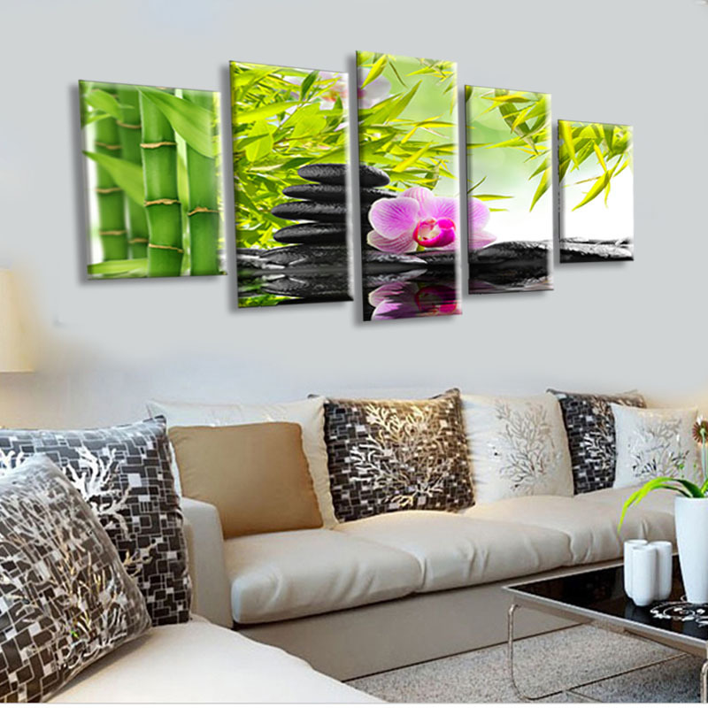 5 panel wall art botanical green feng shui orchid oil painting on canvas quartz crystal abstract paintings pictures decor