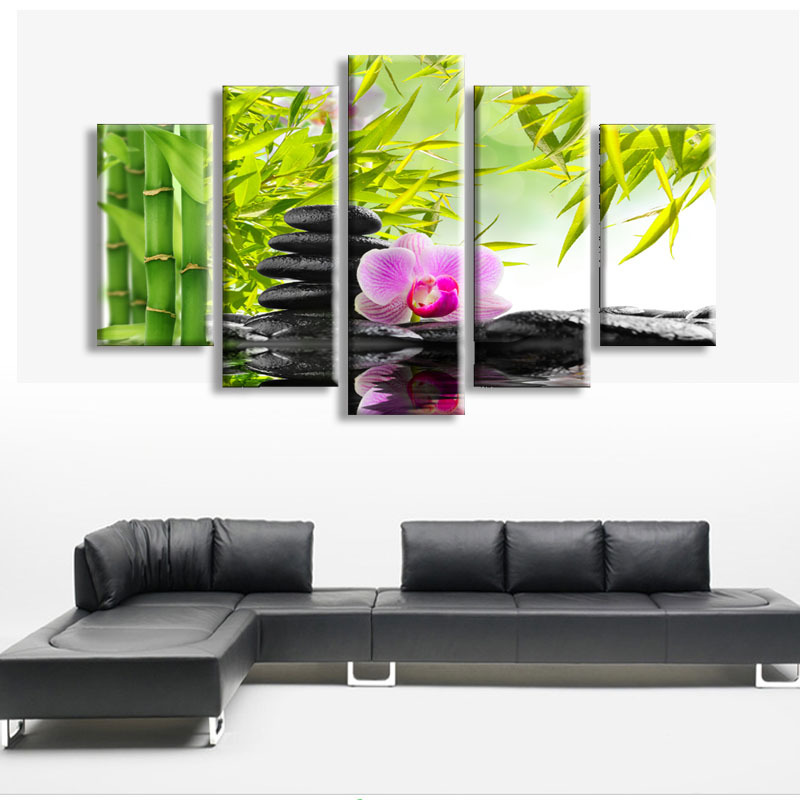 5 panel wall art botanical green feng shui orchid oil painting on canvas quartz crystal abstract paintings pictures decor