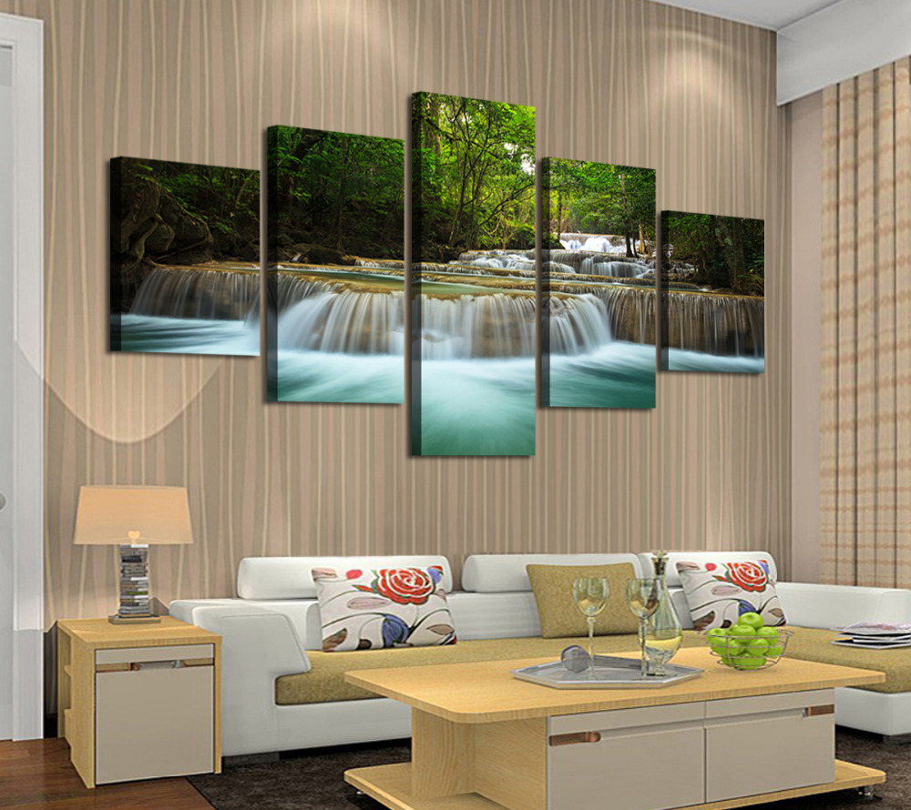 5 panels huge hd beautiful green waterfall top-rated canvas print for living room wall art picture painting artwork unframed