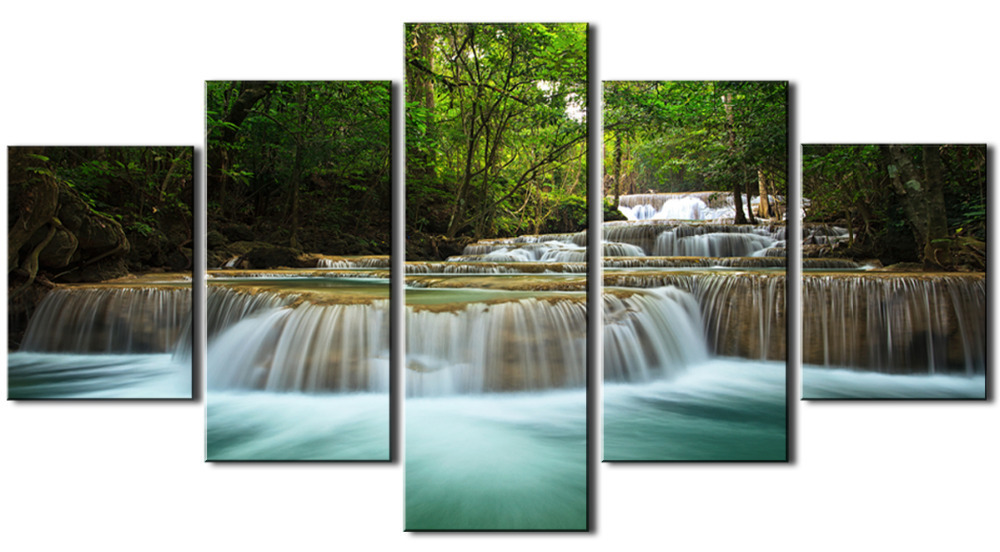 5 panels huge hd beautiful green waterfall top-rated canvas print for living room wall art picture painting artwork unframed