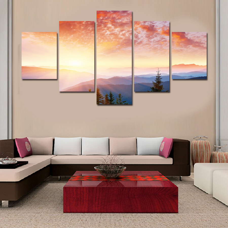 new 5 pieces popular landscape sell modern wall painting home wall art picture paint on canvas prints framed