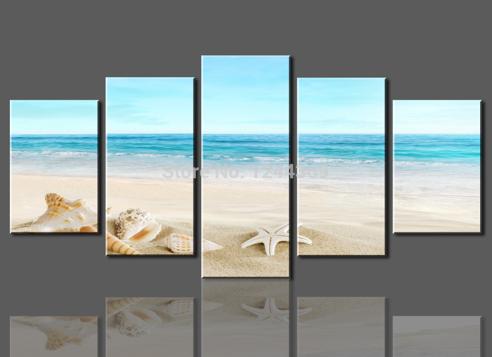 top-rated large hd canvas print for living room, s711 starfish shell & blue sea, 5 panel wall art picture/po painting artwork