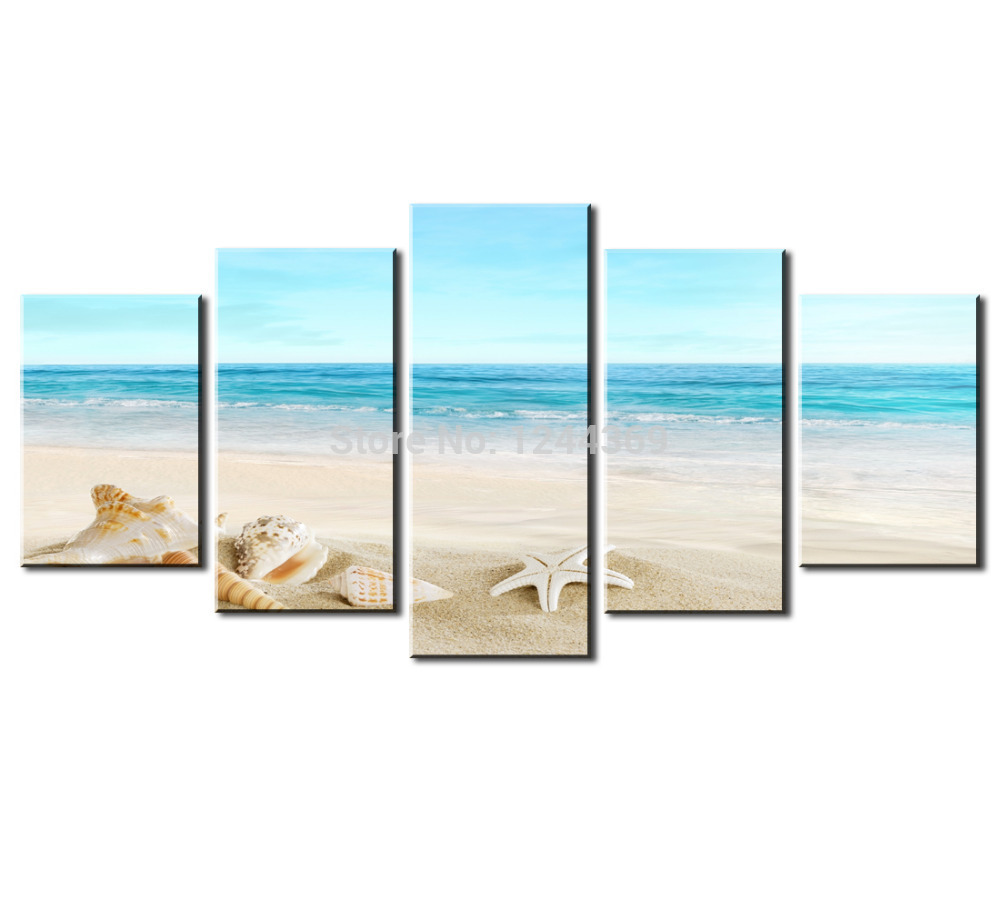 top-rated large hd canvas print for living room, s711 starfish shell & blue sea, 5 panel wall art picture/po painting artwork