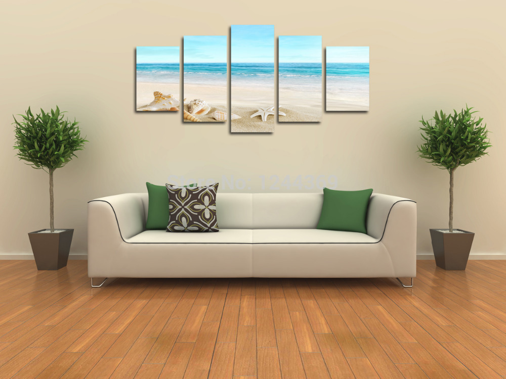 top-rated large hd canvas print for living room, s711 starfish shell & blue sea, 5 panel wall art picture/po painting artwork