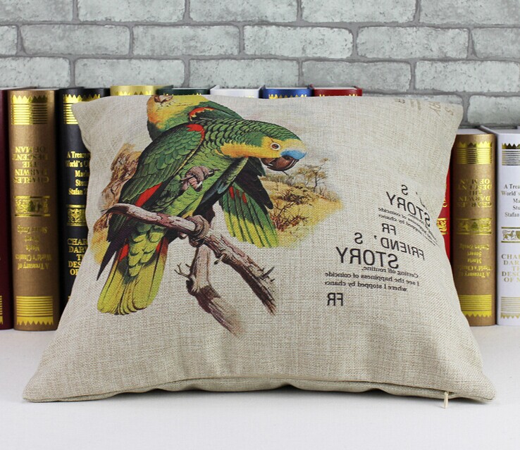 new 2014 1 piece 45x45cm parrots printed ramie cotton linen sofa cushion covers outdoor chair cushions creative pillow cover