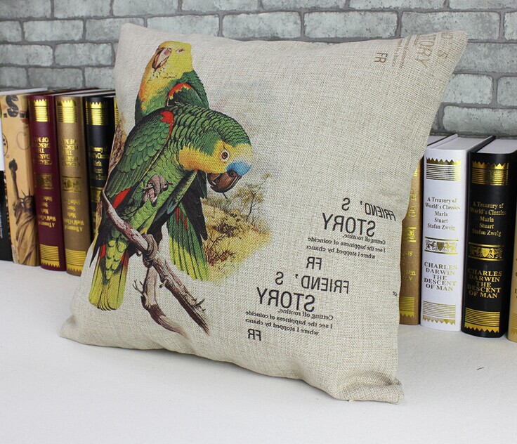 new 2014 1 piece 45x45cm parrots printed ramie cotton linen sofa cushion covers outdoor chair cushions creative pillow cover