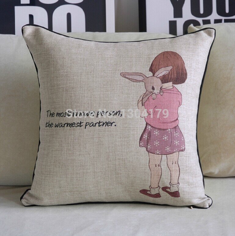 2pcs rabbit and girl printed oil painting style 45*45cm creative cotton linen sofa cushion covers europe vintage pillow cover