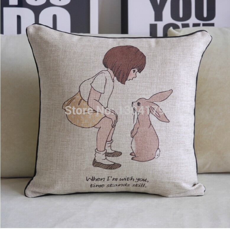 2pcs rabbit and girl printed oil painting style 45*45cm creative cotton linen sofa cushion covers europe vintage pillow cover