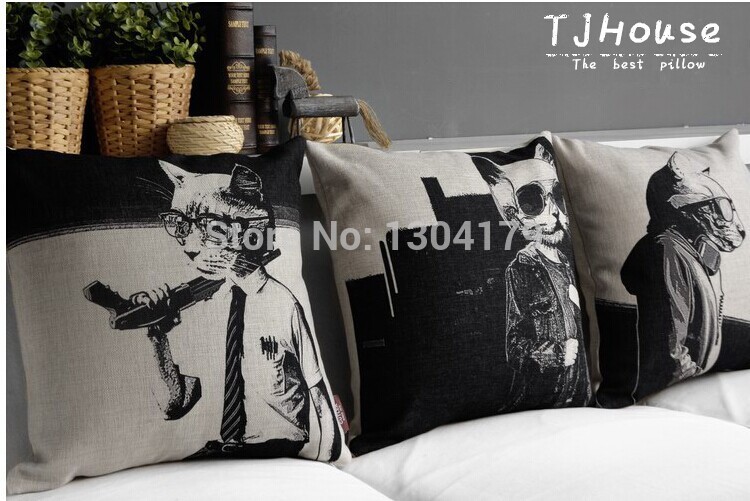 cute cartoon french bullcat paint, decorative cotton linen cushion cover throw cushion cover sofa pillow case home decor