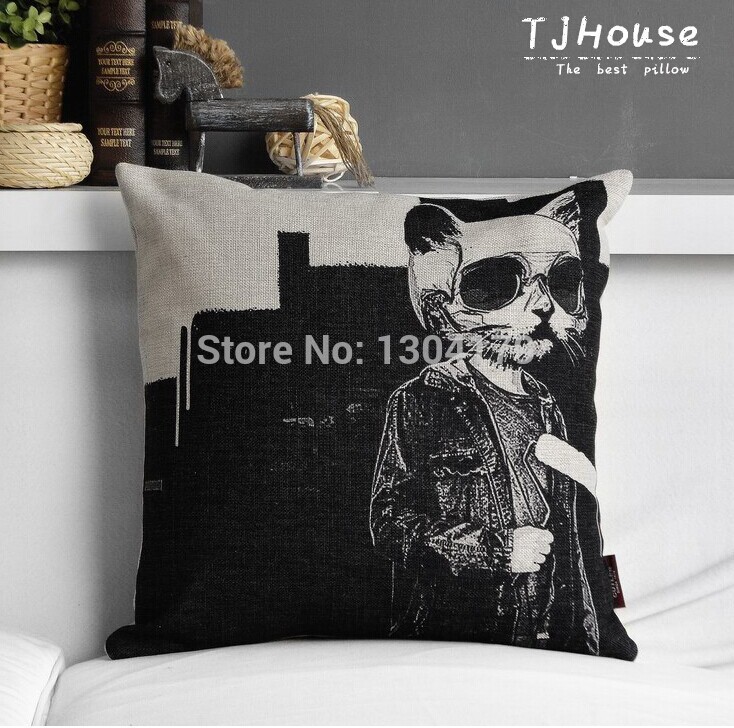 cute cartoon french bullcat paint, decorative cotton linen cushion cover throw cushion cover sofa pillow case home decor