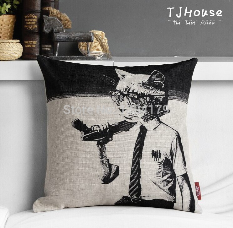 cute cartoon french bullcat paint, decorative cotton linen cushion cover throw cushion cover sofa pillow case home decor