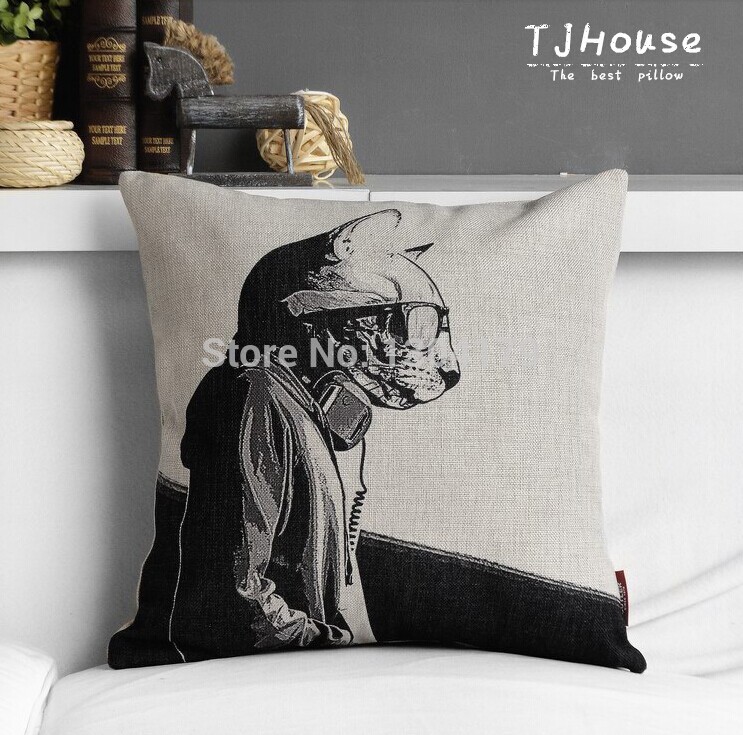 cute cartoon french bullcat paint, decorative cotton linen cushion cover throw cushion cover sofa pillow case home decor